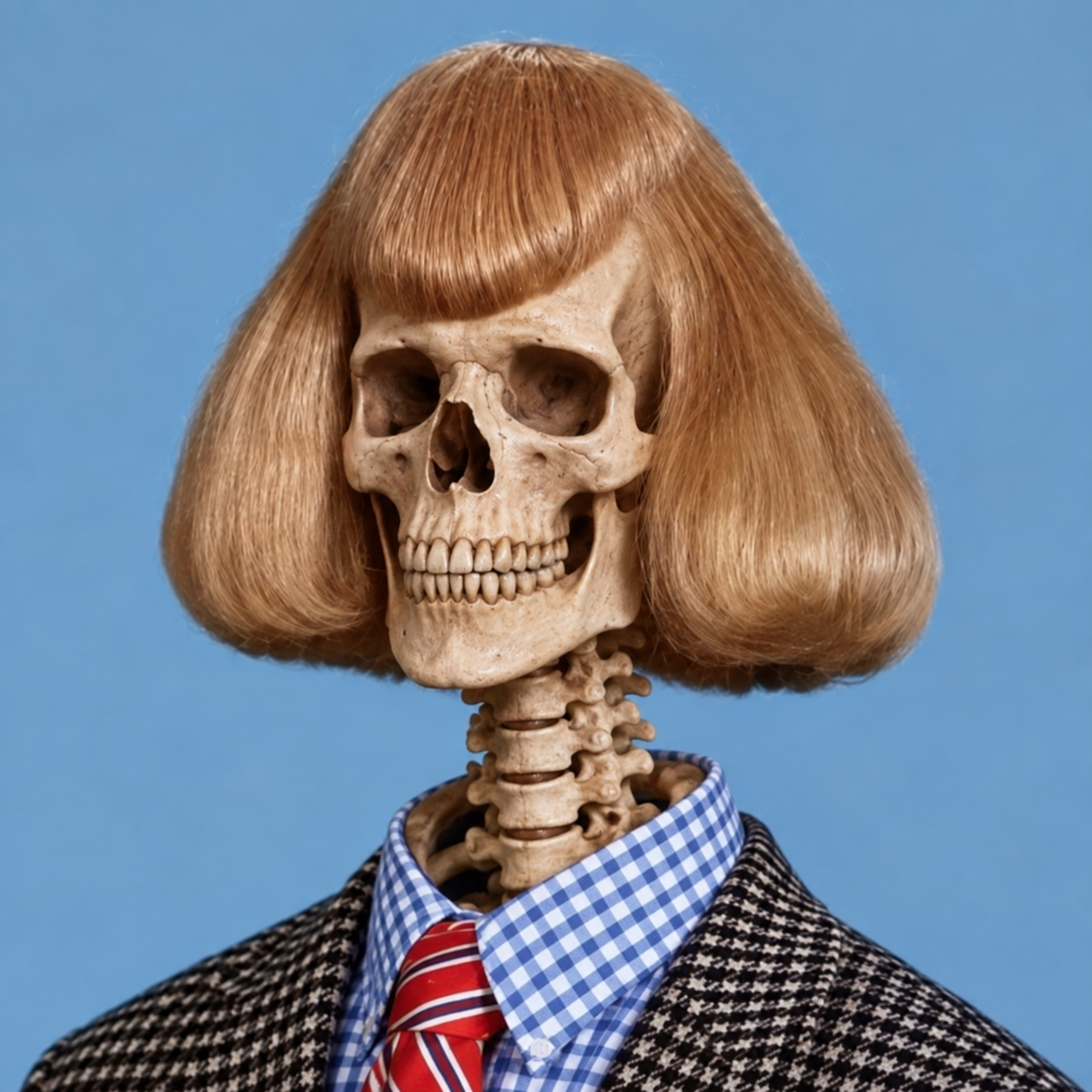 Jean Bone Phil, a skeleton with a glossy bob haircut, checked shirt, red tie and houndstooth jacket